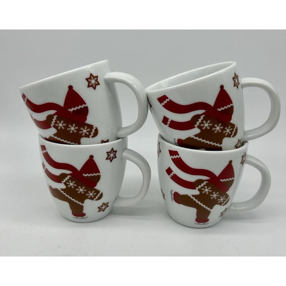 Crate & Barrel Gingerbread Man Skating Mug Set Of 4 Espresso 3" Hot Chocolate EX